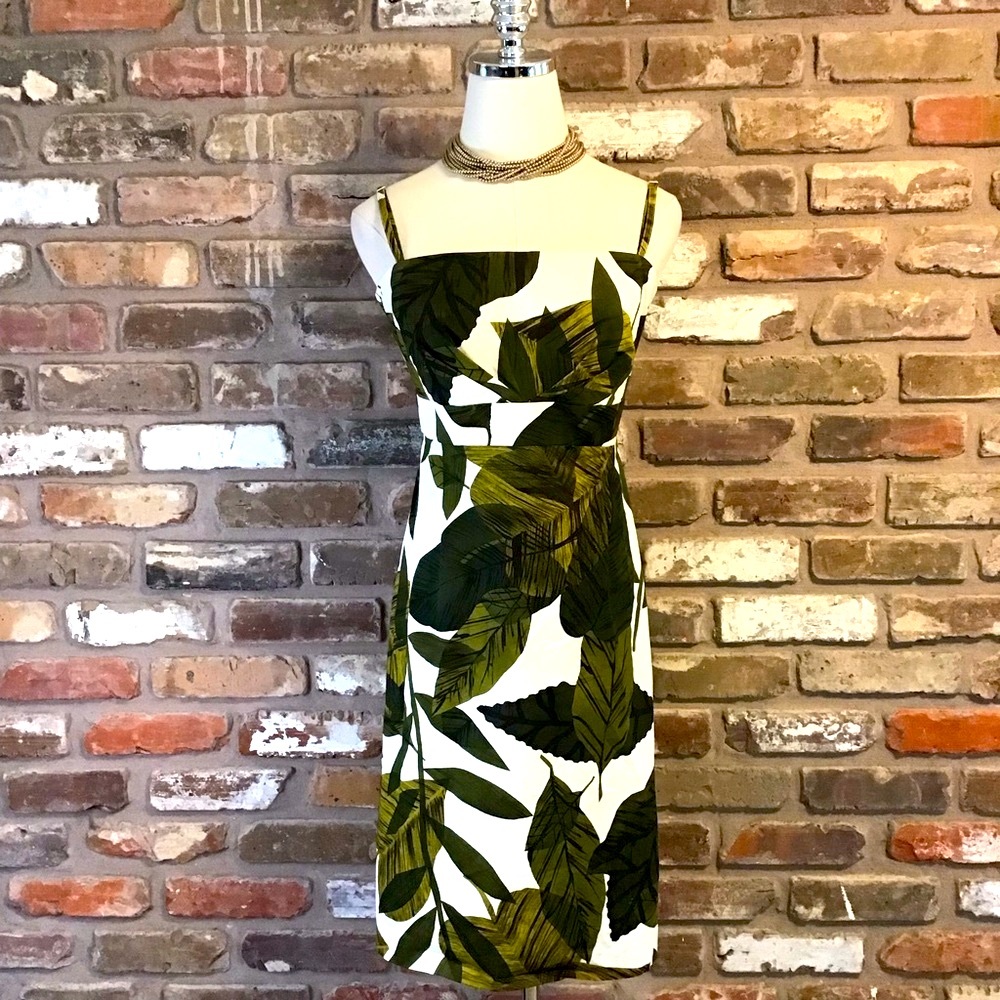 New York & Company Green & Cream Tropical Leaves Spaghetti Strap Sundress 12 - Picture 2 of 5